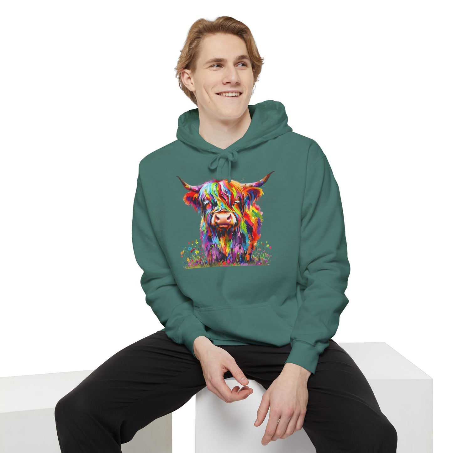 Rainbow Highland Cow - Unisex Garment-Dyed Hoodie