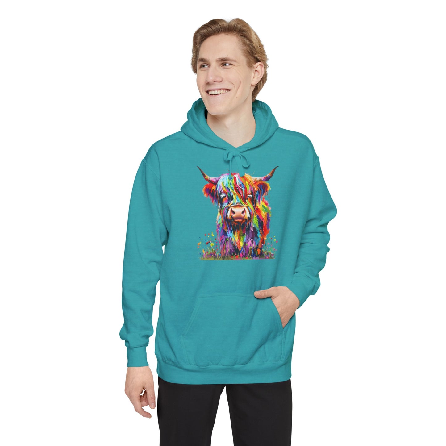Rainbow Highland Cow - Unisex Garment-Dyed Hoodie