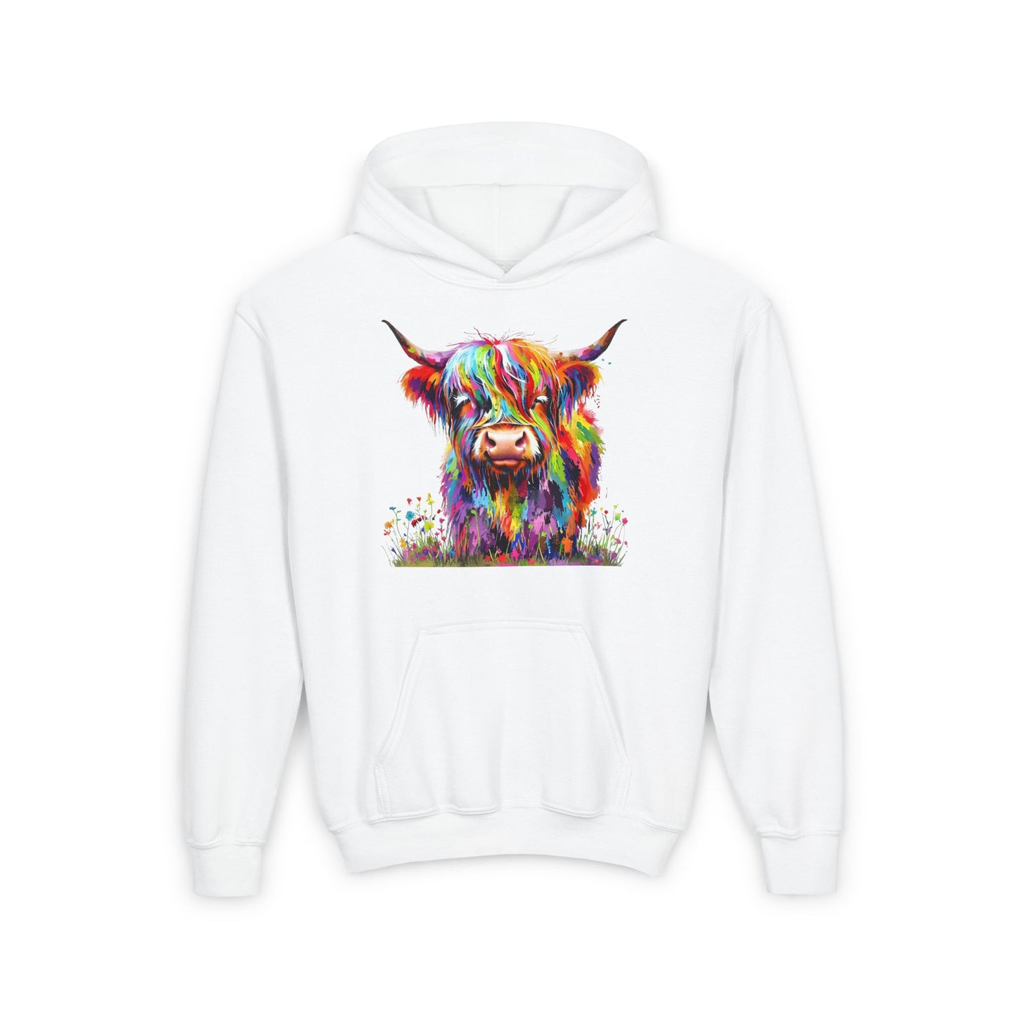 Rainbow Highland Cow - Youth Heavy Blend Hooded Sweatshirt
