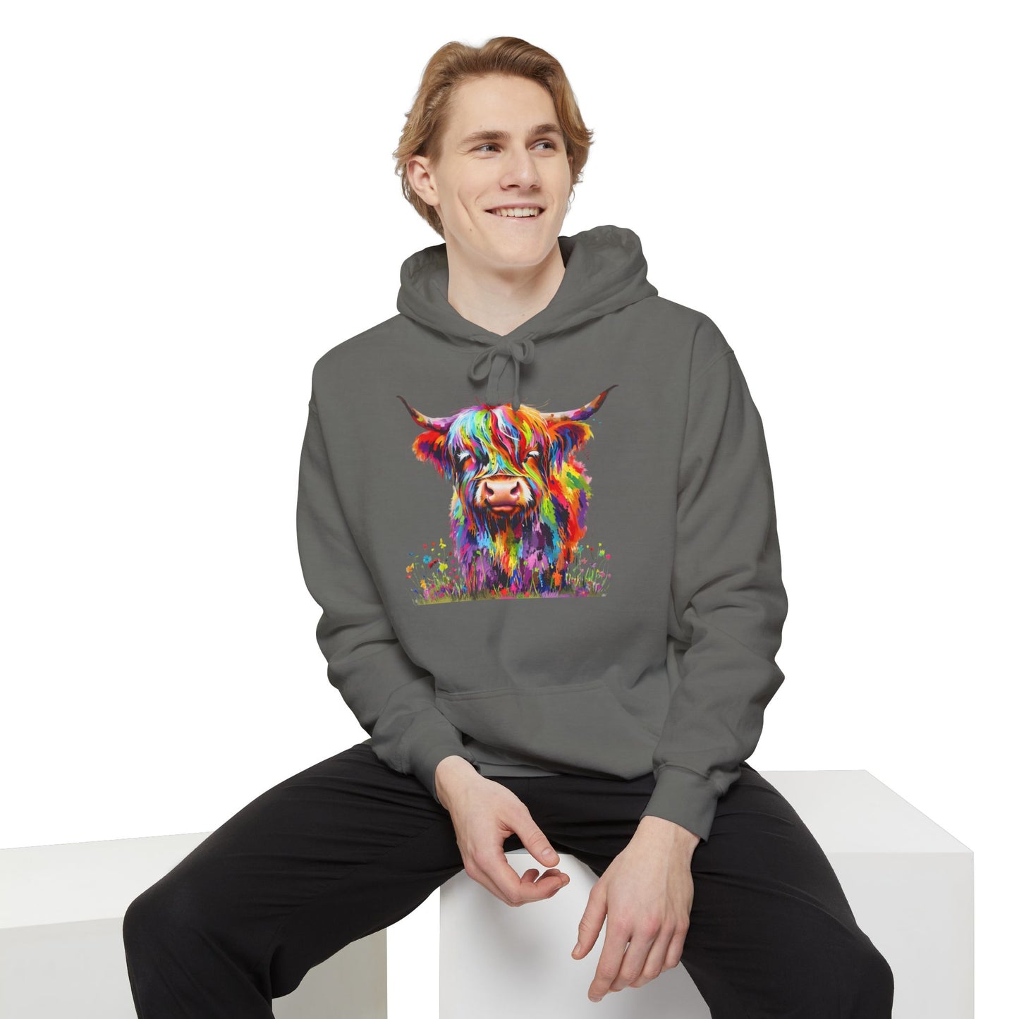 Rainbow Highland Cow - Unisex Garment-Dyed Hoodie