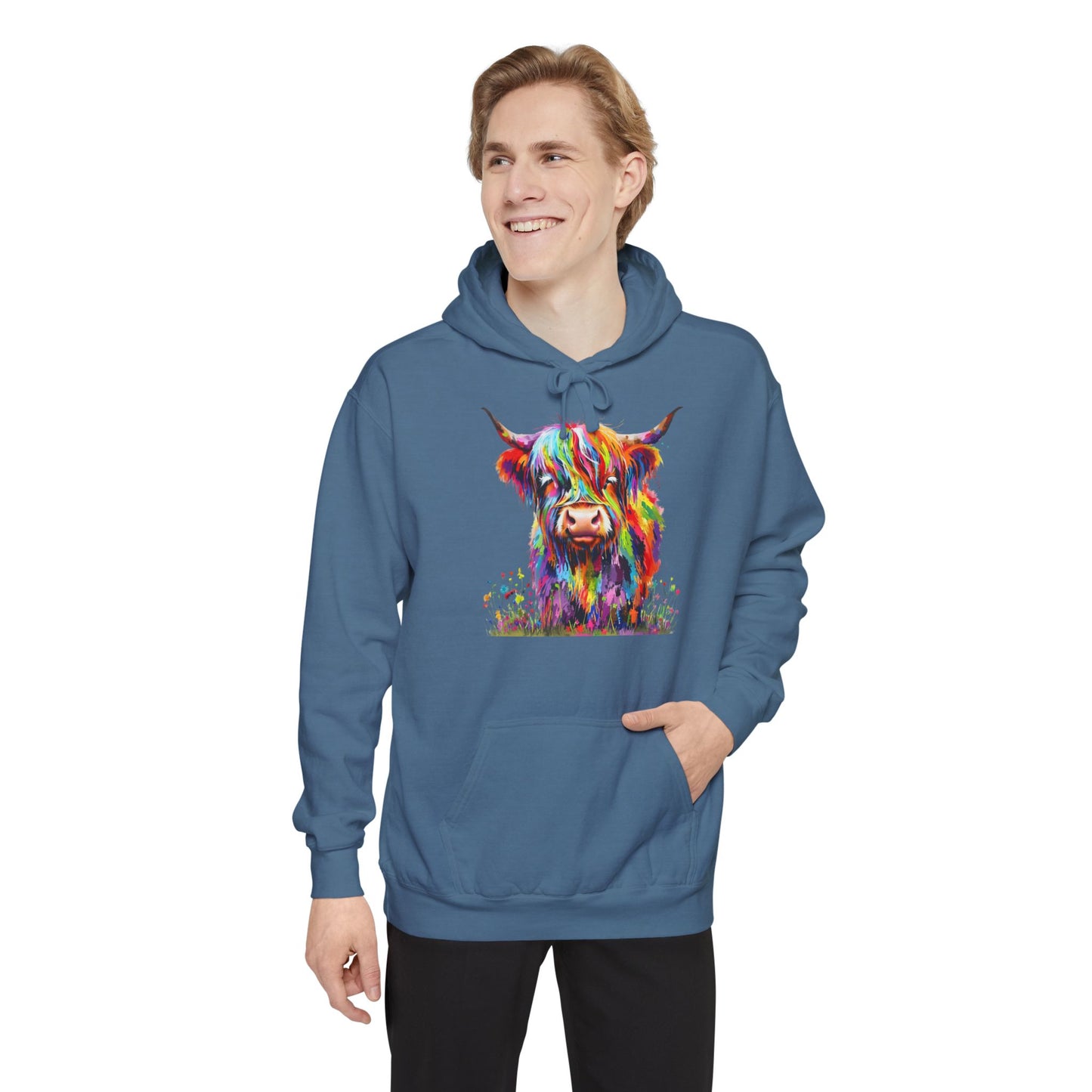 Rainbow Highland Cow - Unisex Garment-Dyed Hoodie
