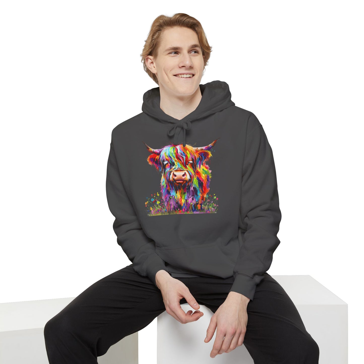 Rainbow Highland Cow - Unisex Garment-Dyed Hoodie
