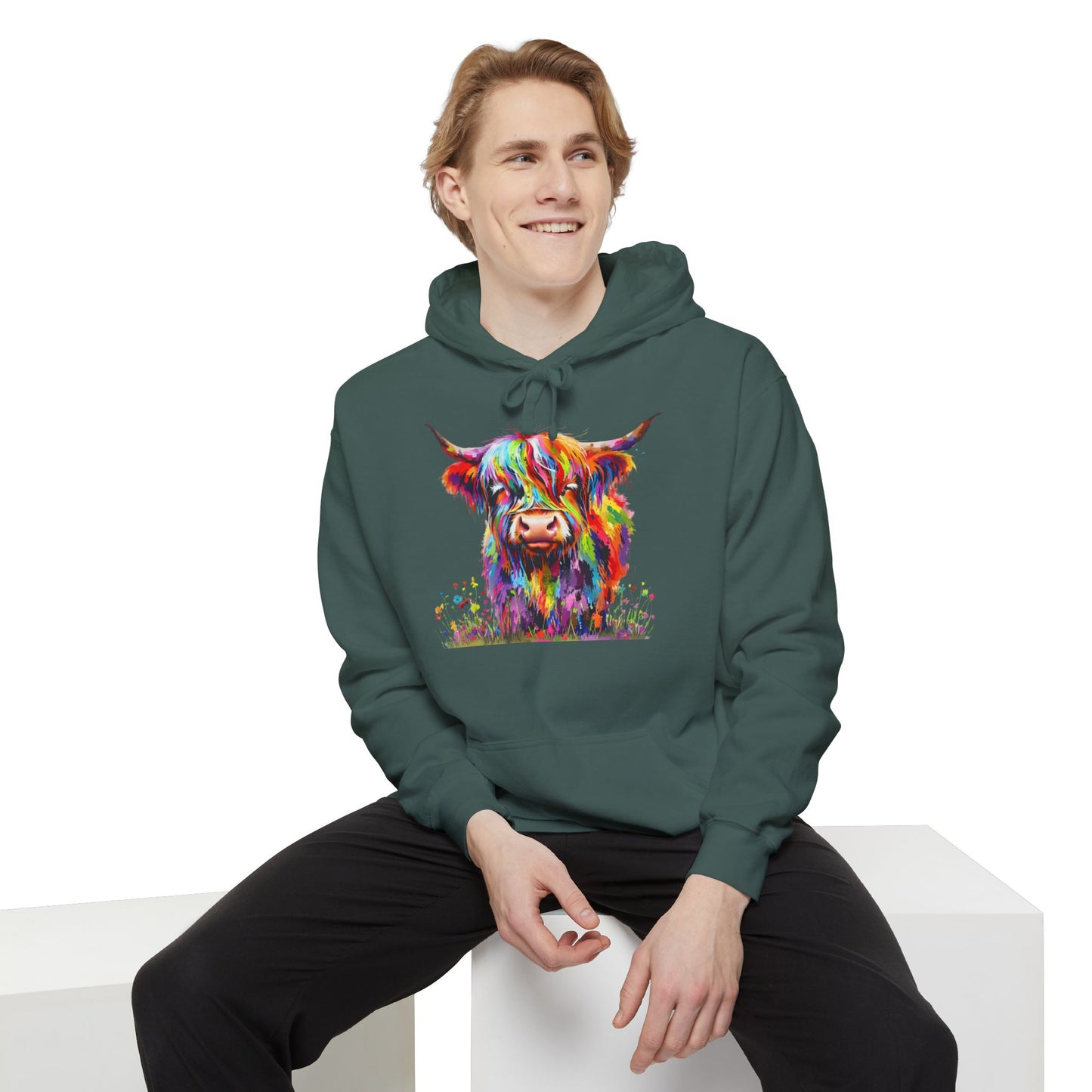 Rainbow Highland Cow - Unisex Garment-Dyed Hoodie