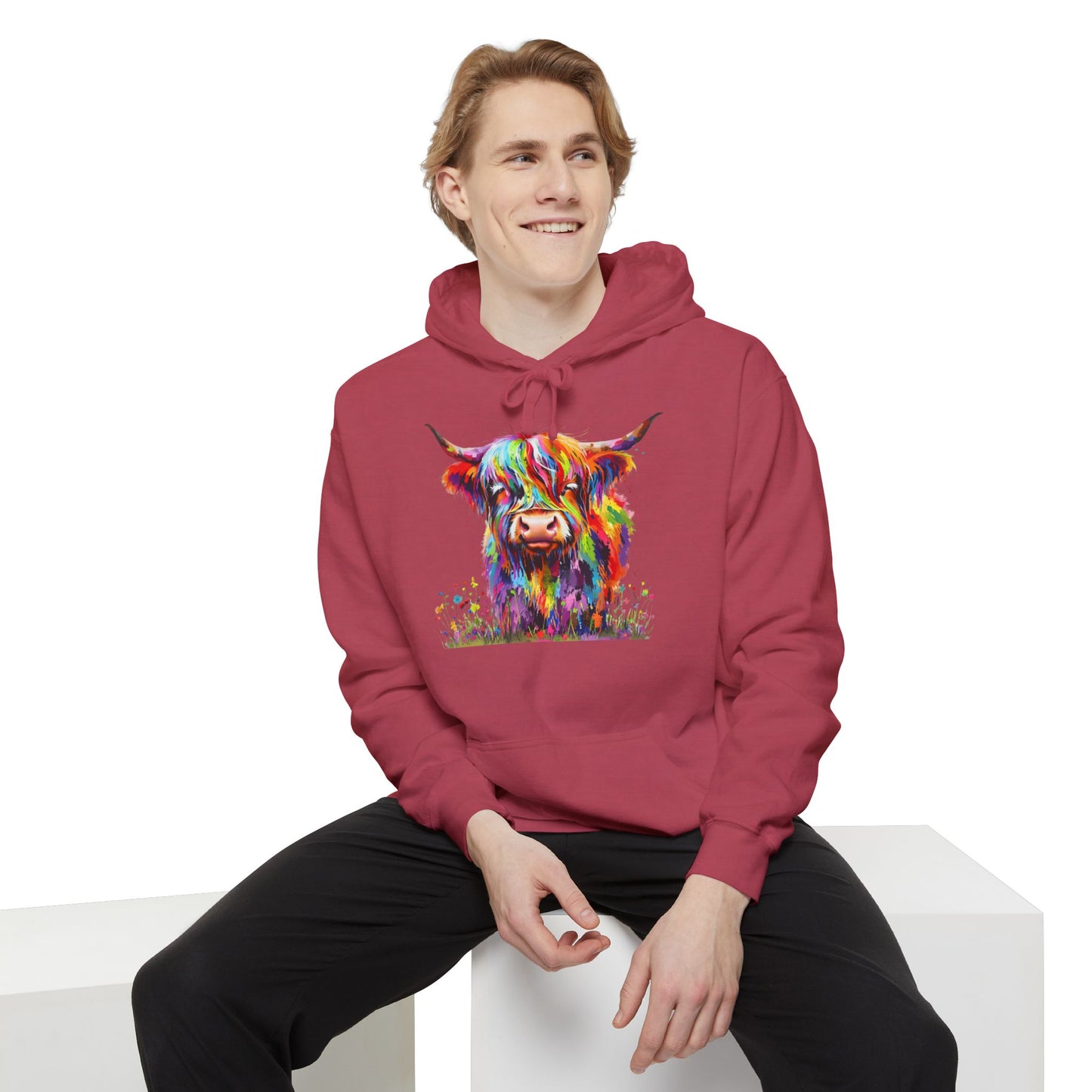 Rainbow Highland Cow - Unisex Garment-Dyed Hoodie